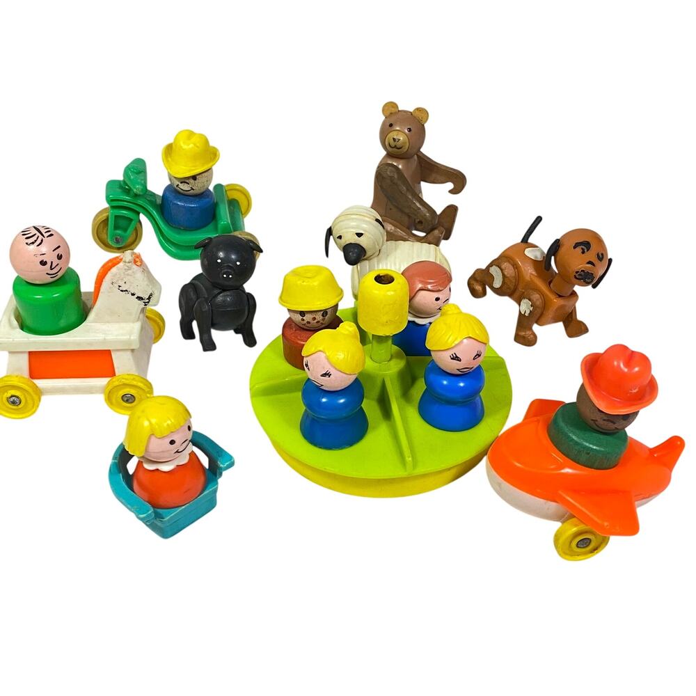 Vintage Fisher Price Little People Toy Lot Carousel Plane Cart Vehicles Figures
